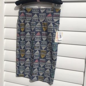 LuLaRoe Pencil Skirt with Blue and Yellow Geometric Pattern